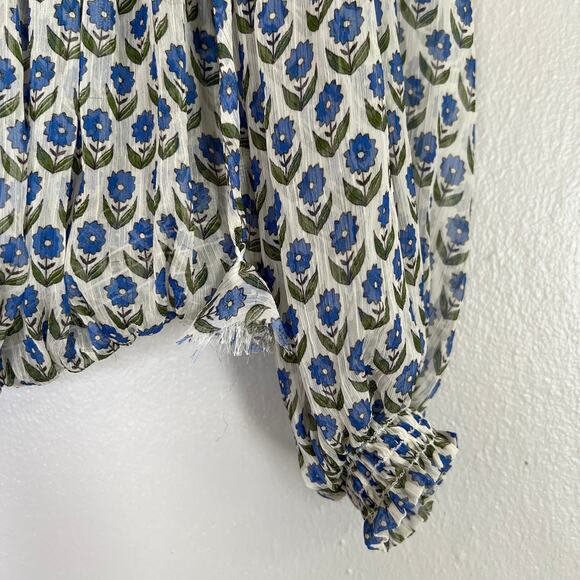 Misa Los Angeles Top Size M Blue White Blouse Ruffle Sleeves On/Off-the-Shoulder - Picture 6 of 11
